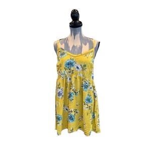 Torrid yellow with blue and white floral smocked spaghetti strap babydoll cami 1